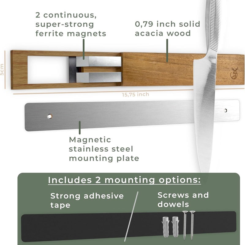 WALDWERK Knife Magnetic Strip (15,7 x 2 in) Mount with Adhesive or Screws - Magnetic Knife Holder for Wall - Magnetic Knife Strip made of Elegant Acacia Wood - Magnetic Knife Holder for Heavy Knifes - Image 5
